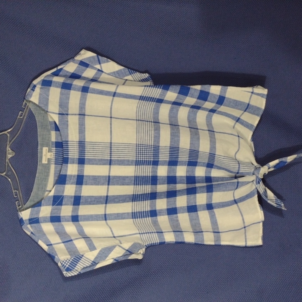 Linen short sleeve front tie blouse L